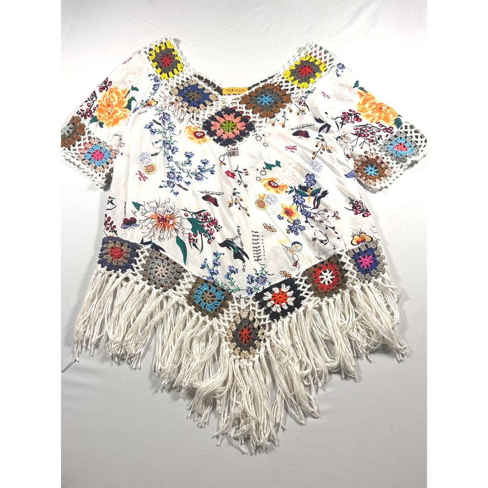 NEGS‎ Floral Crochet Granny Square Fringe Tunic Top Boho Festival White Multi